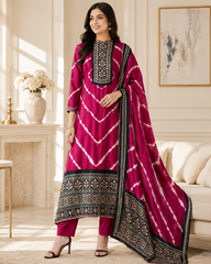 Premium Edit-Gajji Silk Digital Print Unstitched Suit with Real Mirror Work & Printed Dupatta