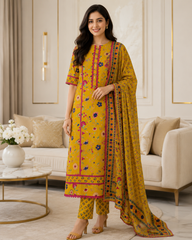 Cotton Pakistani Style Printed Un-Stitched Suit with Crochet Lacing Dupatta