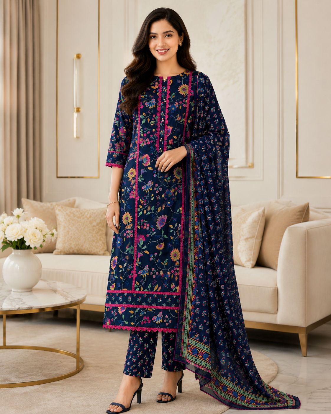 Cotton Pakistani Style Printed Un-Stitched Suit with Crochet Lacing Dupatta