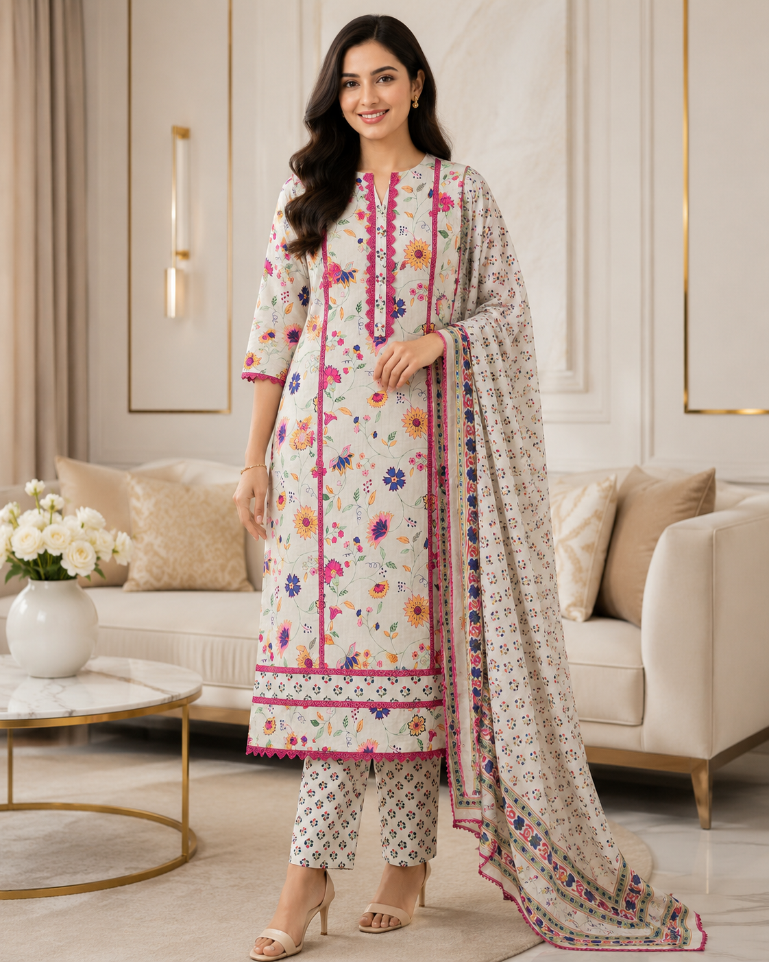 Cotton Pakistani Style Printed Un-Stitched Suit with Crochet Lacing Dupatta