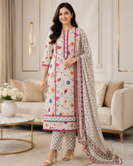Cotton Pakistani Style Printed Un-Stitched Suit with Crochet Lacing Dupatta