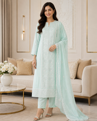 Mul Crush Cotton Lucknowi Embroidery & Cut Dana Work Un-Stitched Suit with Dupatta