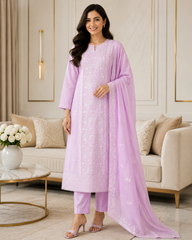 Mul Crush Cotton Lucknowi Embroidery & Cut Dana Work Un-Stitched Suit with Dupatta