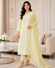 Mul Crush Cotton Lucknowi Embroidery & Cut Dana Work Un-Stitched Suit with Dupatta