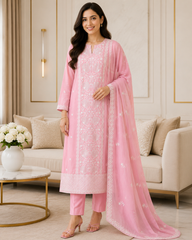 Mul Crush Cotton Lucknowi Embroidery & Cut Dana Work Un-Stitched Suit with Dupatta
