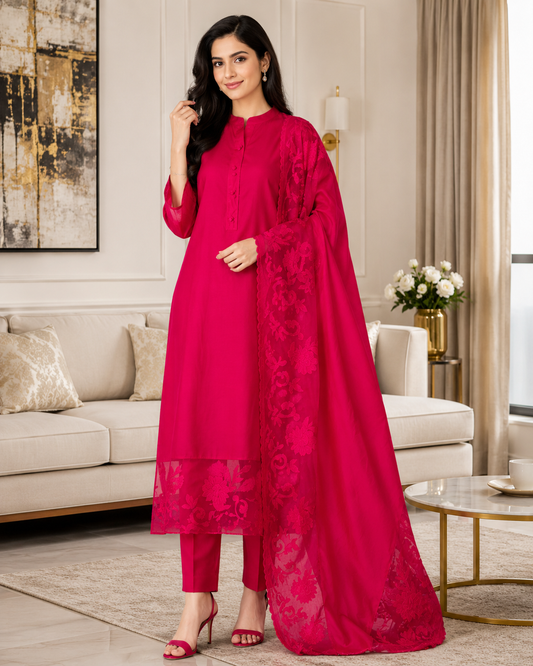 Mul Chanderi Un Stitched Suit with Organza Applique Work Border Dupatta