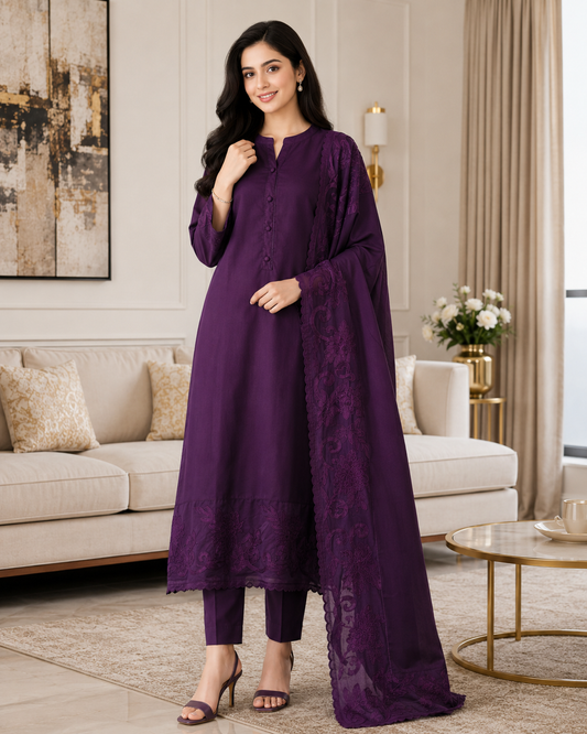 Mul Chanderi Un Stitched Suit with Organza Applique Work Border Dupatta