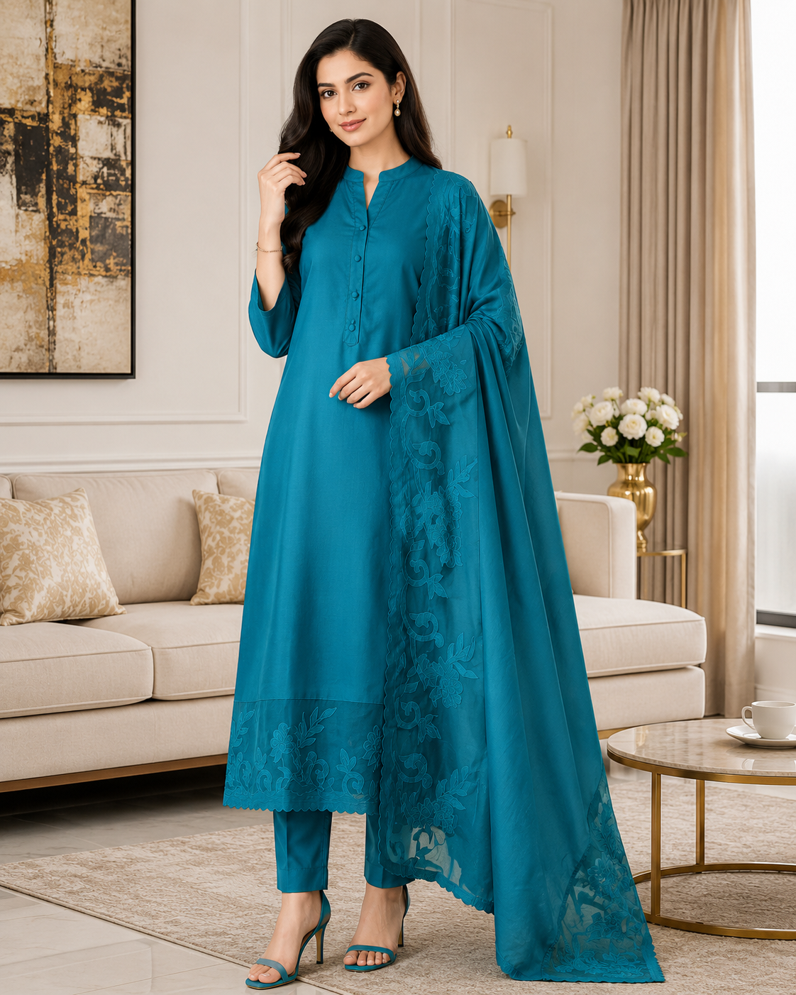 Mul Chanderi Un Stitched Suit with Organza Applique Work Border Dupatta