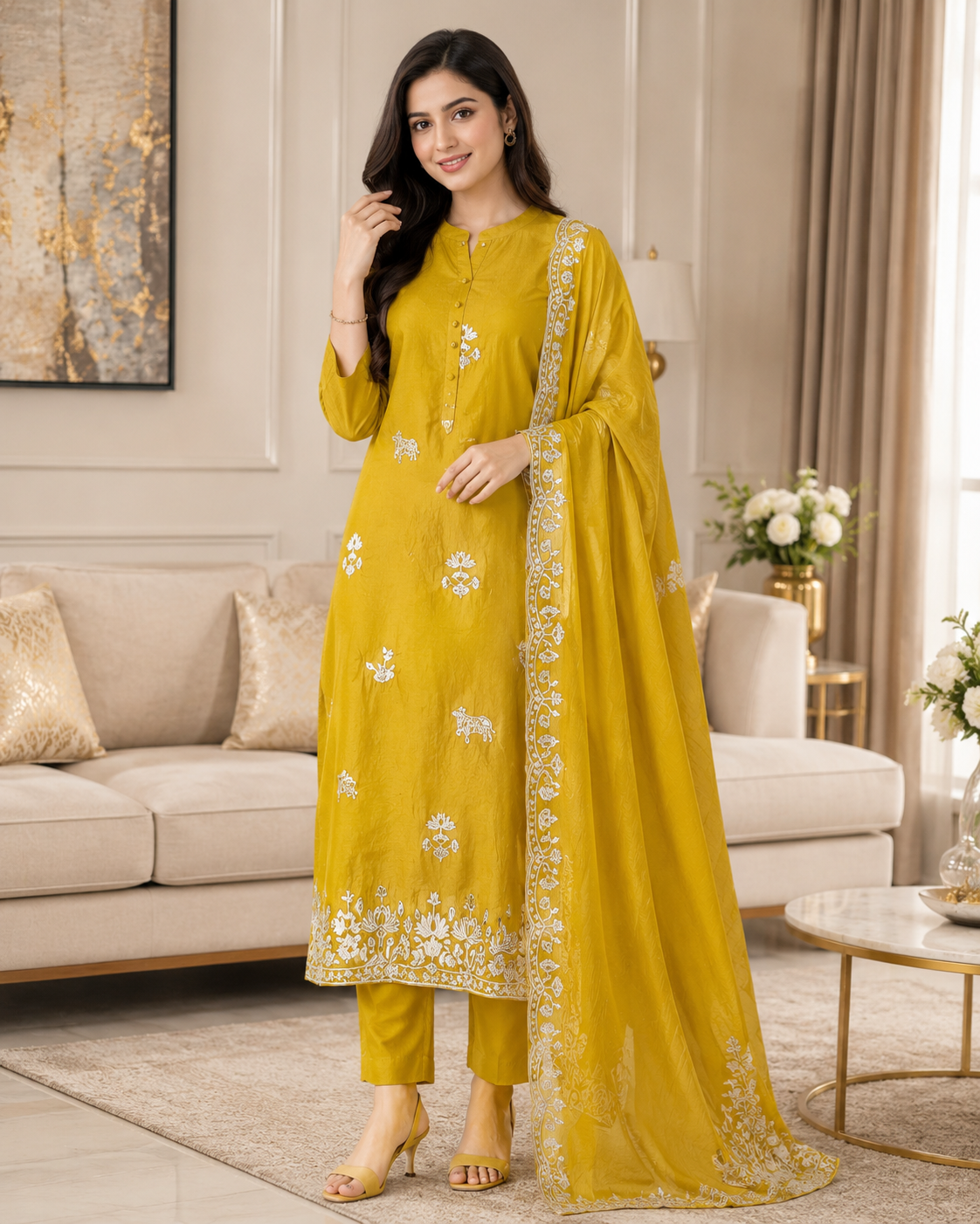 Mul Cotton Pichwai Art Un Stitched Suit with Gotta Laser Cut Work