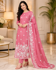 Mul Cotton Overall Embroidered Un-Stitched Suit Set with Embroidered Dupatta & Crochet Lacing
