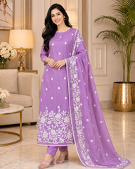Mul Cotton Overall Embroidered Un-Stitched Suit Set with Embroidered Dupatta & Crochet Lacing