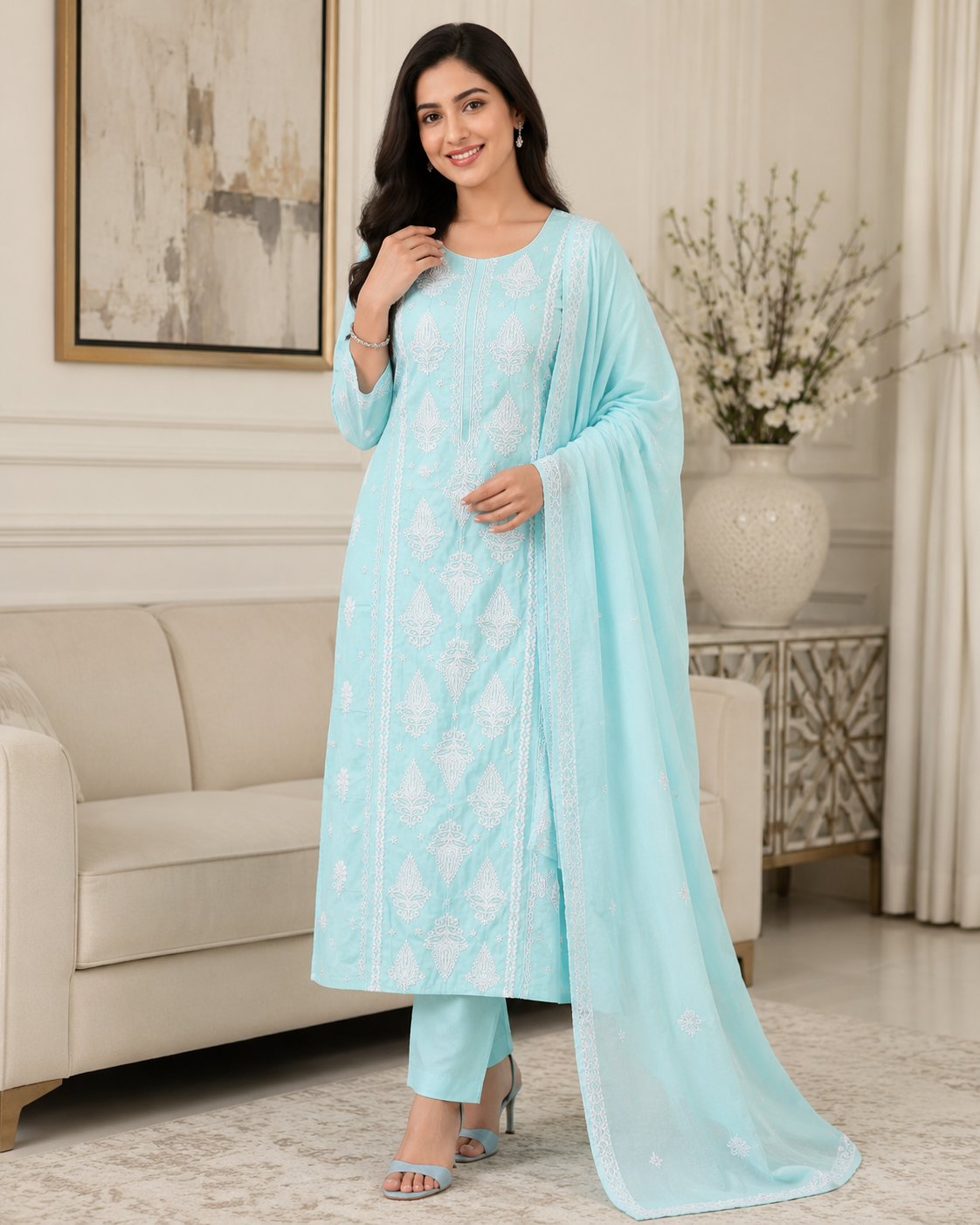 Pure Cotton Lucknowi Embroidered Un-Stitched Suit with Mul Cotton Dupatta & Zari Highlighting Work