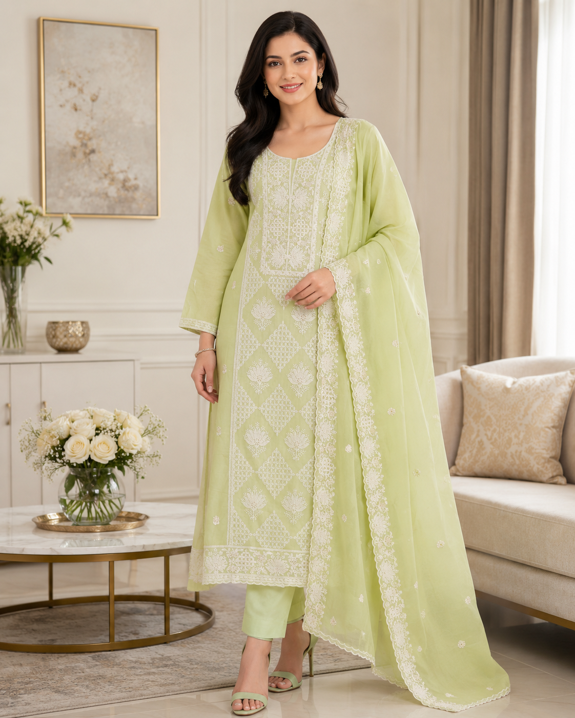 Mul Cotton Lucknowi Embroidered Un-Stitched Suit with Embroidered Dupatta