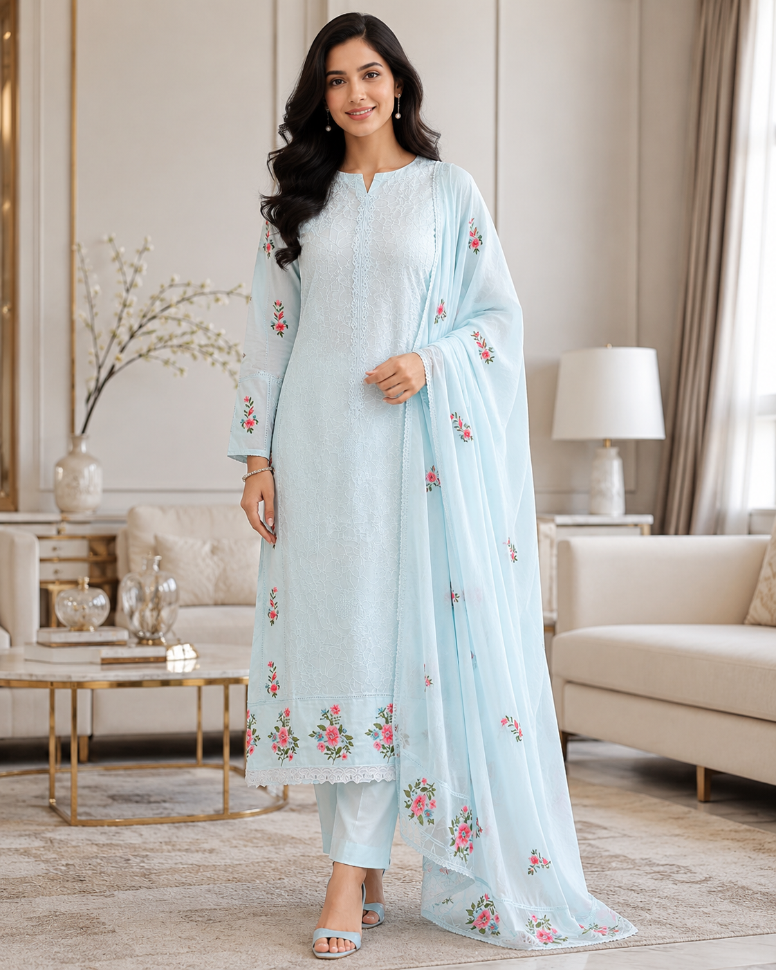 Mul Cotton Overall Embroidered Un Stitched Suit with Designer Embroidered Dupatta