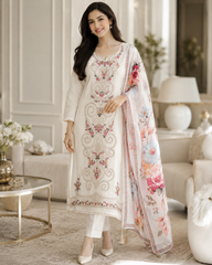 Mul Cotton Overall Laser Cut Embroidery Unstitched Suit with Designer Muslin Digital Print Dupatta