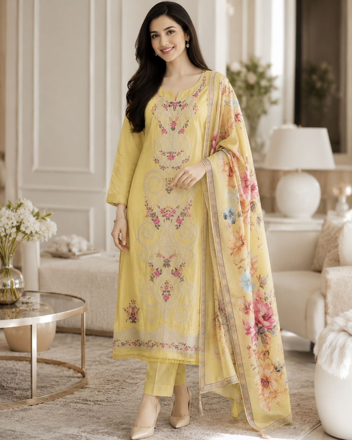 Mul Cotton Overall Laser Cut Embroidery Unstitched Suit with Designer Muslin Digital Print Dupatta