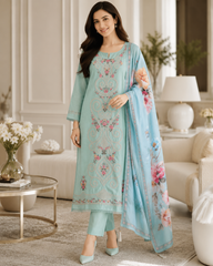 Mul Cotton Overall Laser Cut Embroidery Unstitched Suit with Designer Muslin Digital Print Dupatta