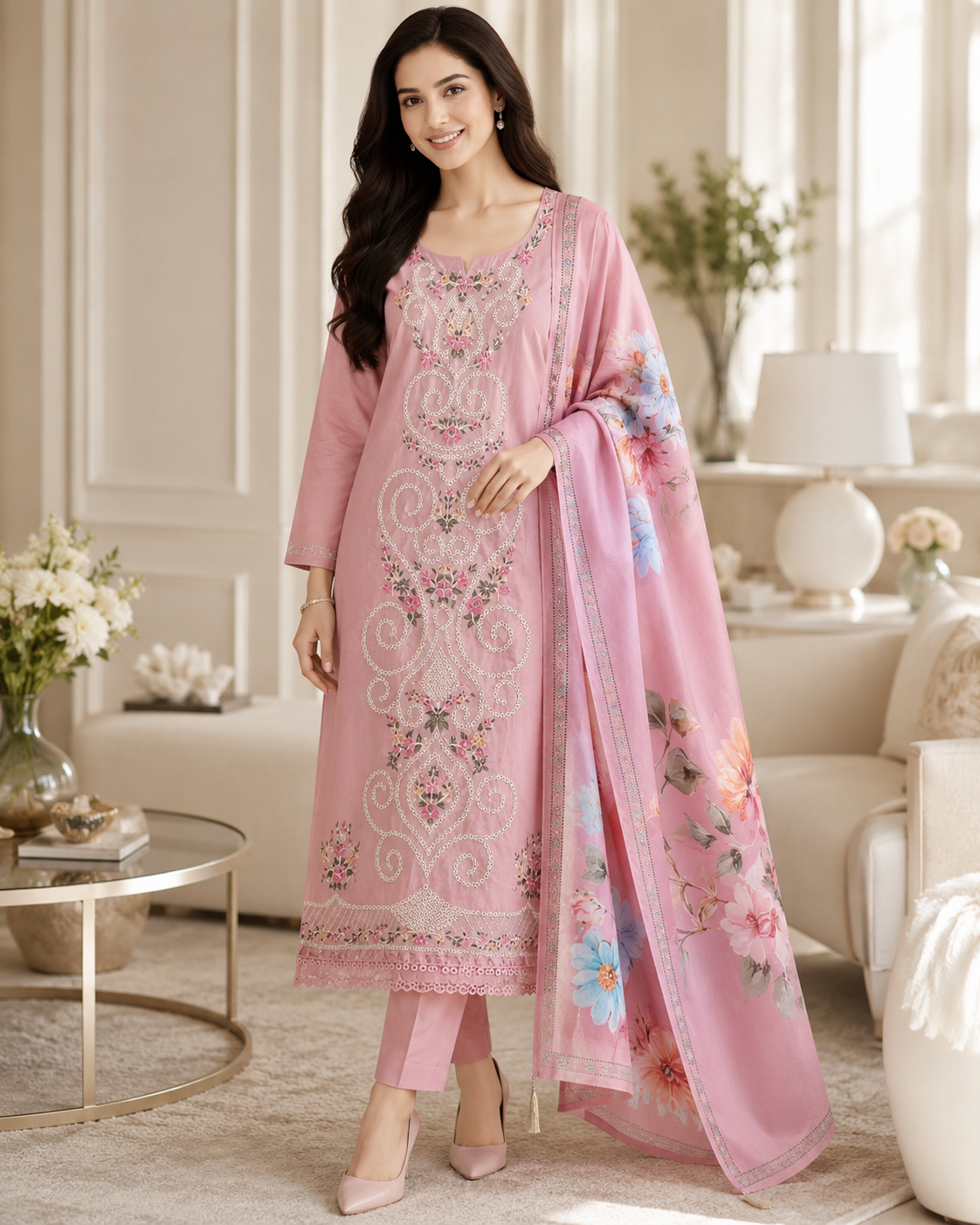Mul Cotton Overall Laser Cut Embroidery Unstitched Suit with Designer Muslin Digital Print Dupatta