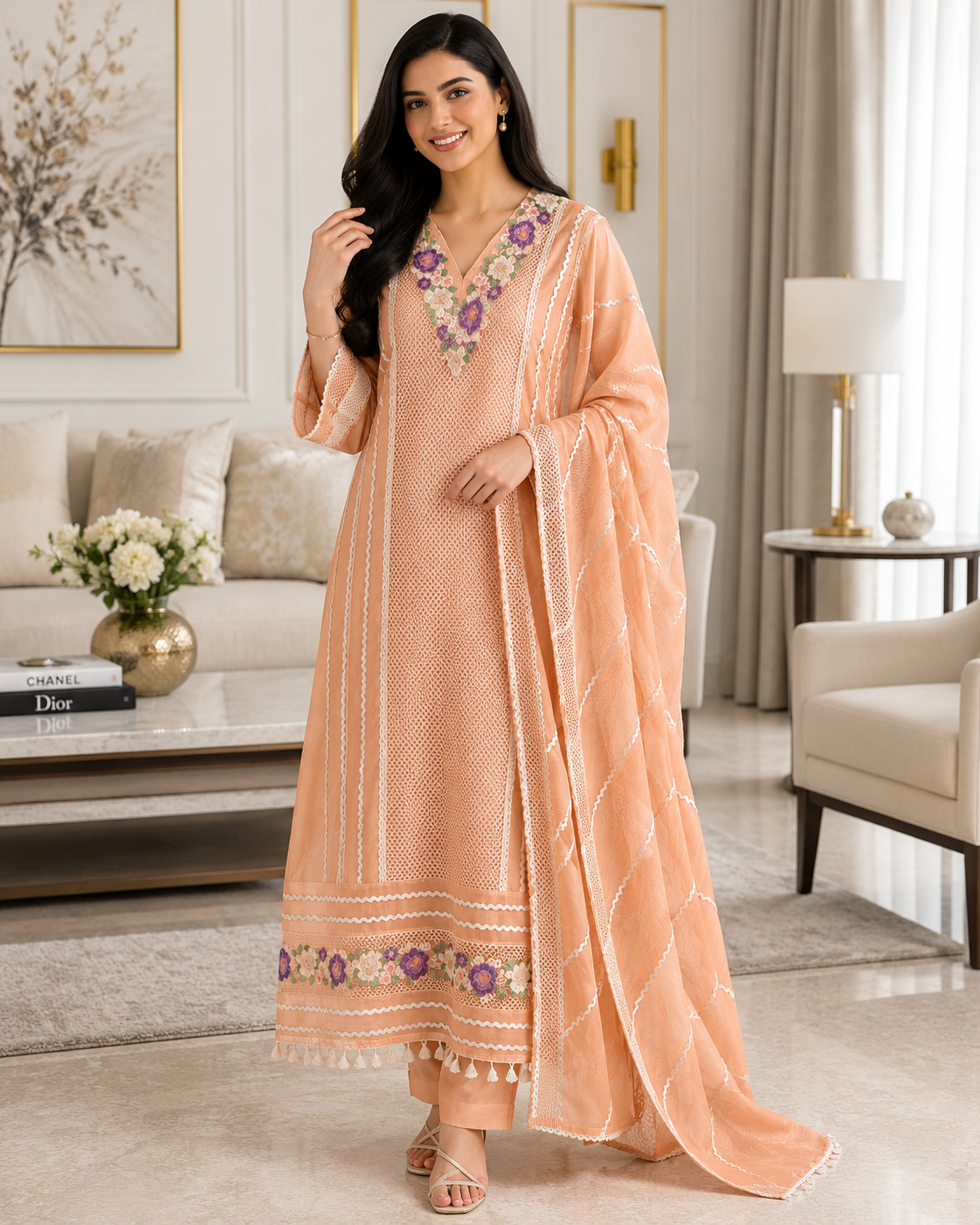 Jamdani Cotton Crochet Lace & 3D Floral Unstitched Suit with Jamdani Dupatta