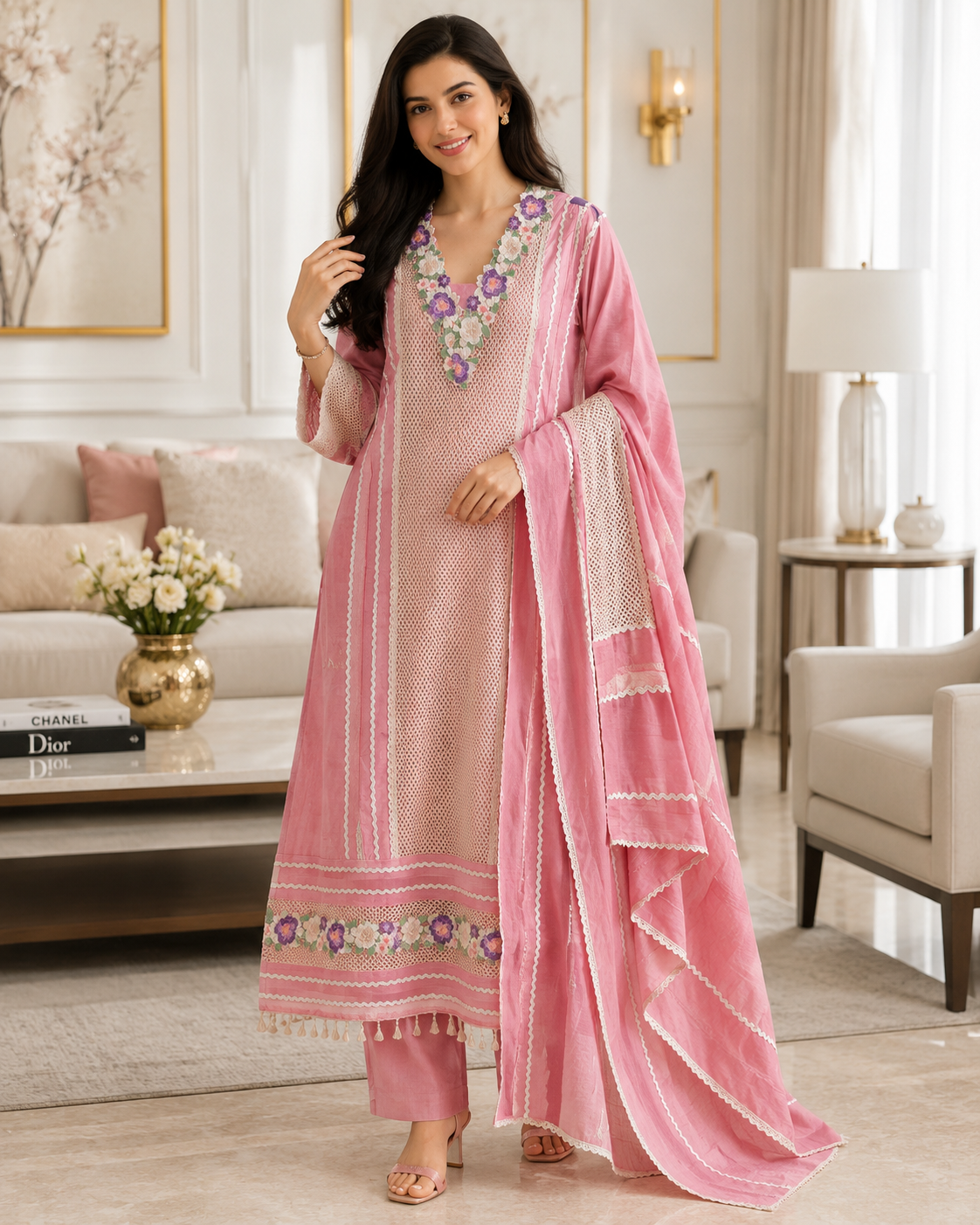Jamdani Cotton Crochet Lace & 3D Floral Unstitched Suit with Jamdani Dupatta