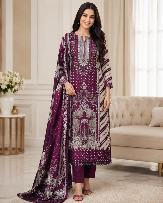 Muslin Digital Print Semi-Stitched Suit with Mirror Highlighting & Lacing – 3 Pc Set