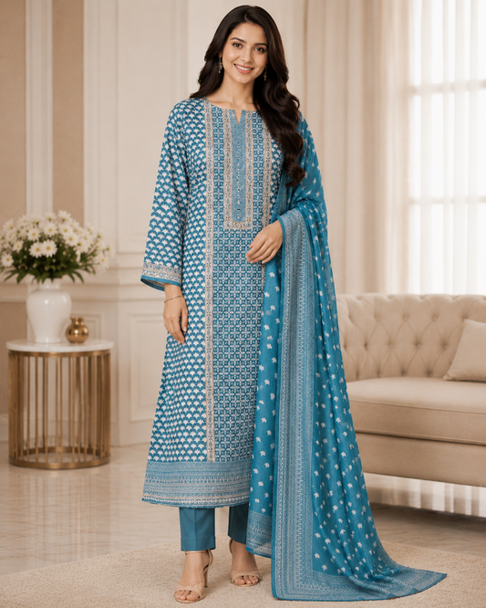 Maheshwari Zari & Mirror Work Un-Stitched Suit Set