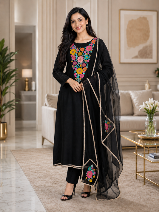 Organza Colorful Embroidery Un Stitched Suit with Jute & Crochet Lace and Matching Dupatta