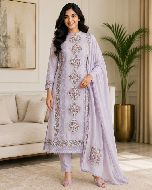 Mul Cotton Pakistani Style Embroidered Unstitched Suit with Crochet Lacing Dupatta