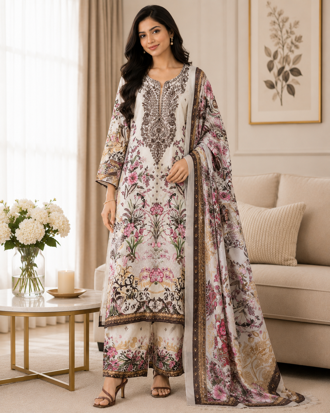 Fully Stitched -Rayon Pakistani Style Suit with Digital Print, Embroidery & Cotton Dupatta