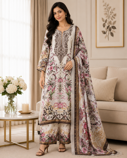 Fully Stitched -Rayon Pakistani Style Suit with Digital Print, Embroidery & Cotton Dupatta