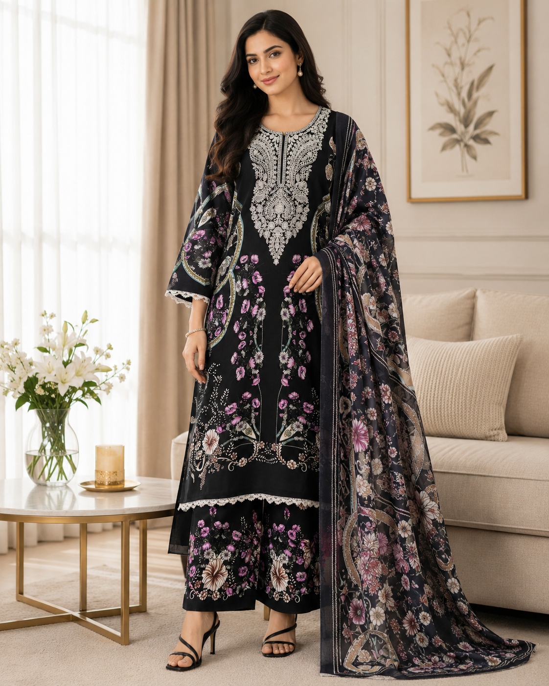 Fully Stitched -Rayon Pakistani Style Suit with Digital Print, Embroidery & Cotton Dupatta