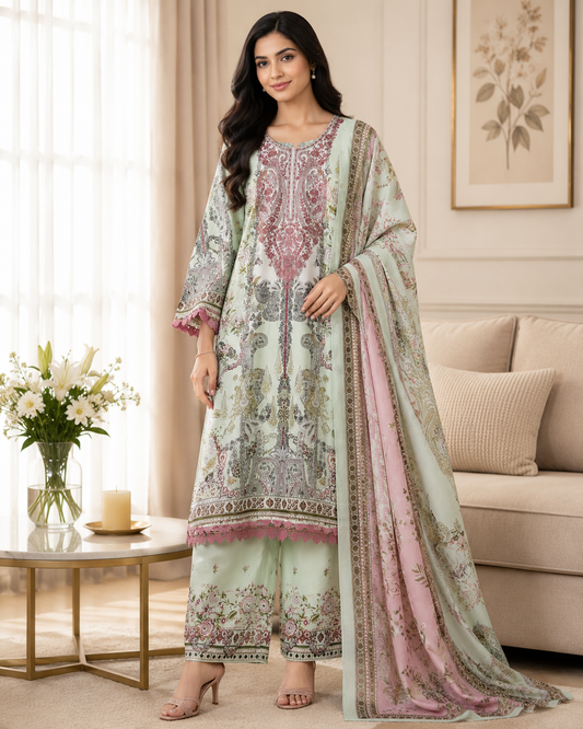 Fully Stitched -Rayon Pakistani Style Suit with Digital Print, Embroidery & Cotton Dupatta
