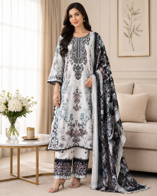 Fully Stitched -Rayon Pakistani Style Suit with Digital Print, Embroidery & Cotton Dupatta