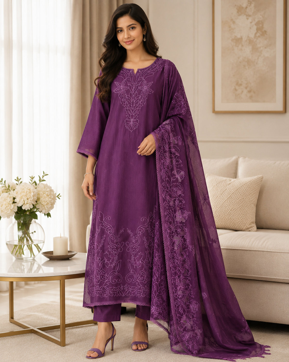 Premium Crush Mul Cotton Unstitched Suit with Laser Cut Work and Embroidery