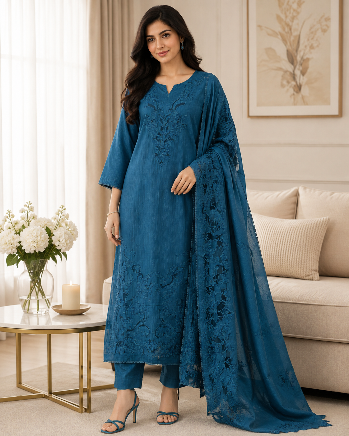 Premium Crush Mul Cotton Unstitched Suit with Laser Cut Work and Embroidery )