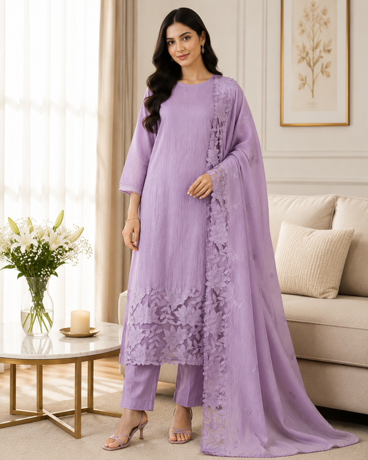 Premium Crush Mul Cotton Unstitched Suit with Laser Cut Work and Embroidery