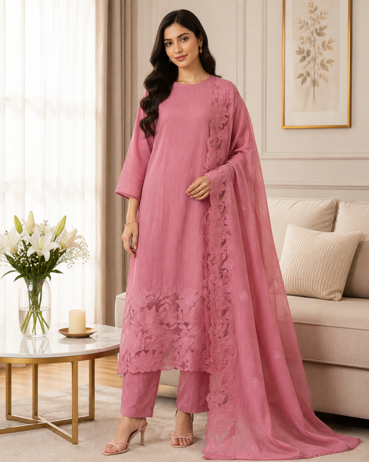 Premium Crush Mul Cotton Unstitched Suit with Laser Cut Work and Embroidery