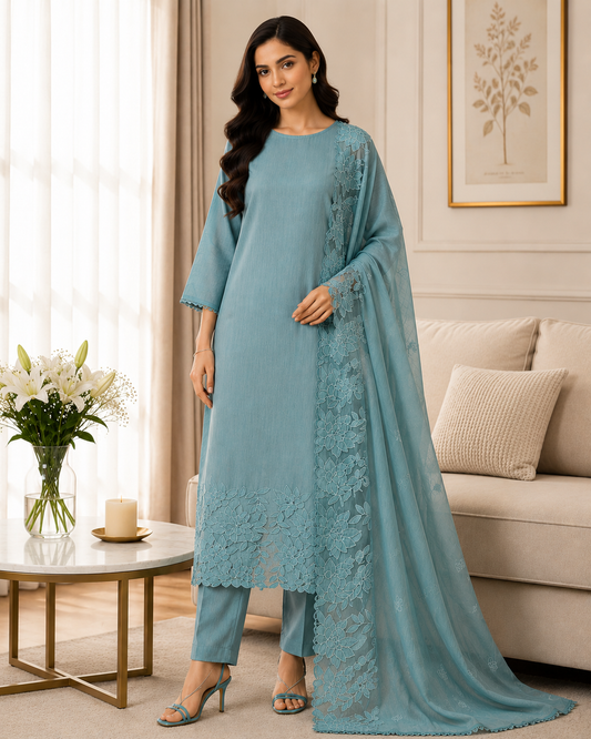 Premium Crush Mul Cotton Unstitched Suit with Laser Cut Work and Embroidery