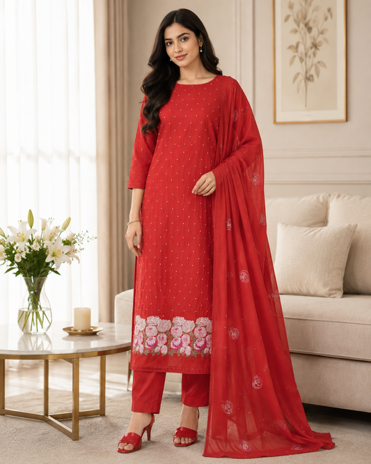 Mul Cotton Unstitched Suit Set with Daman Embroidery & Crochet Lace Dupatta