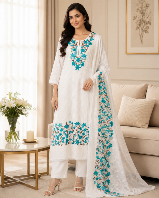 Premium Rayon Unstitched Suit with Overall Kashmiri Embroidery and Crochet Border