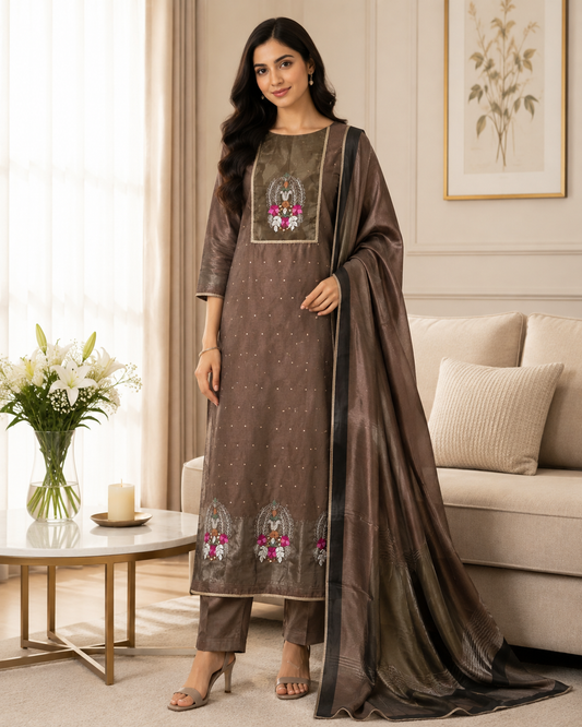 Jamdani Cotton Lagdi Patta Unstitched Suit Set with Embroidery & Zari Work