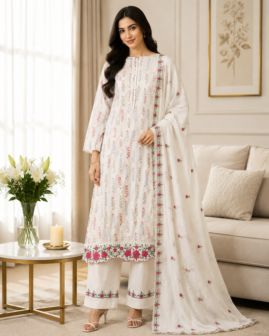 Cotton Printed Unstitched Suit Set with Daman Embroidery & Scalloped Mul Cotton Dupatta