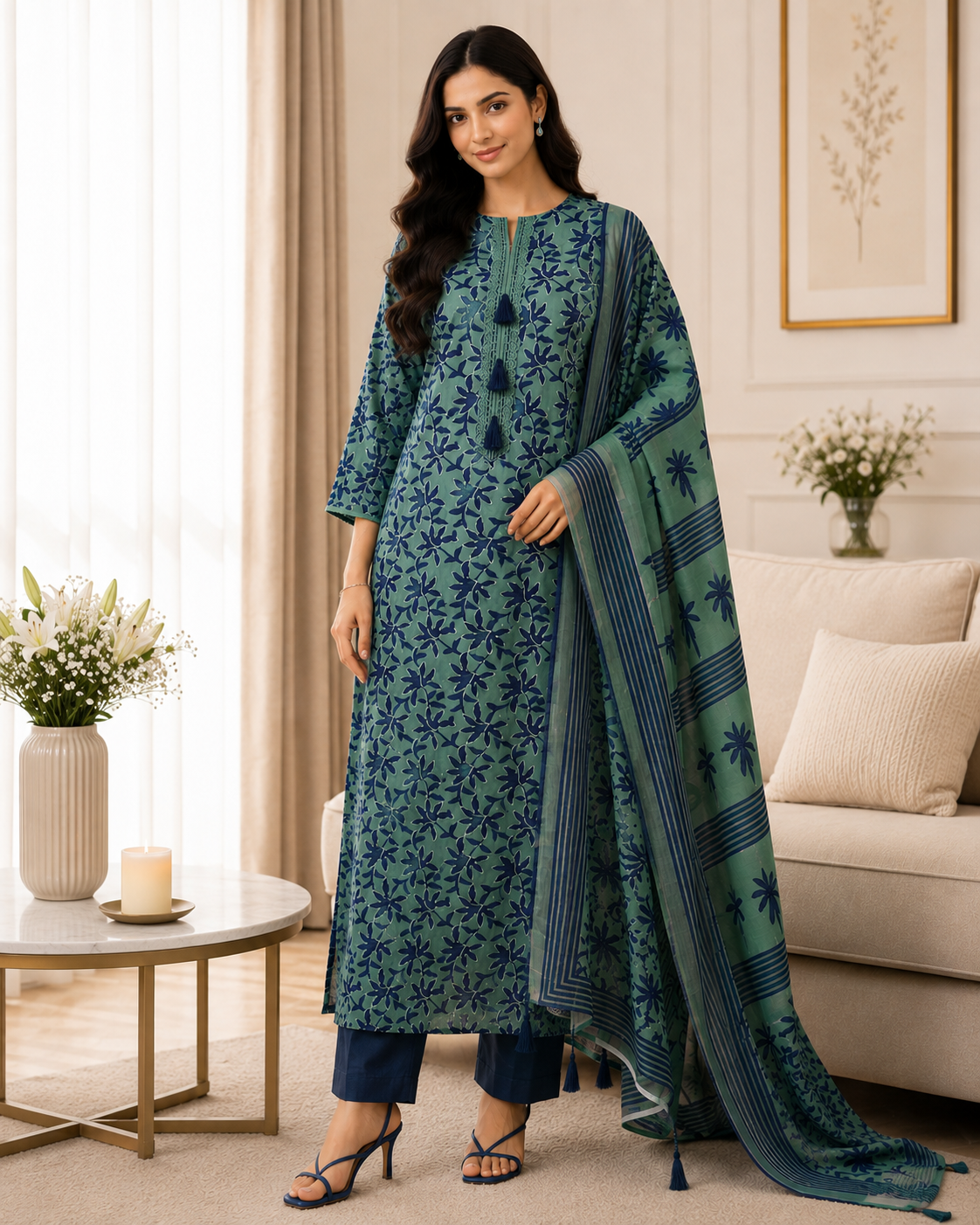 Cotton Printed Unstitched Suit Set with Overall Embroidery Highlights