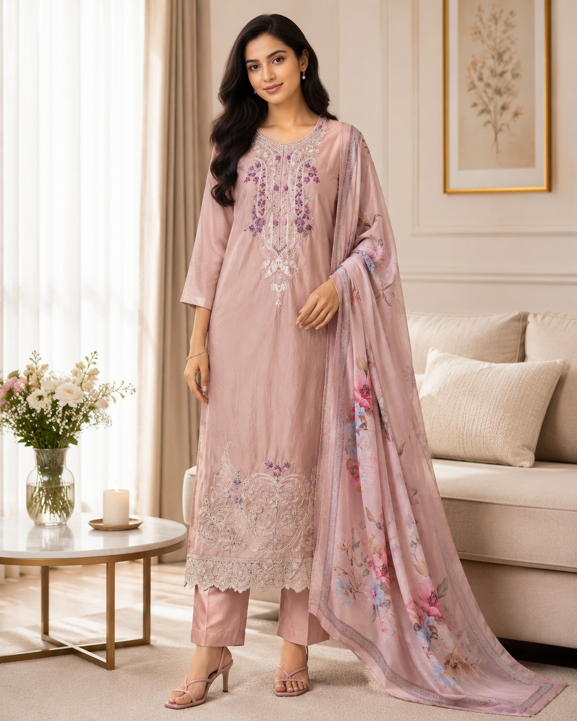Mul Cotton Unstitched Suit Set with Overall Laser Cut Embroidery & Digital Print Dupatta