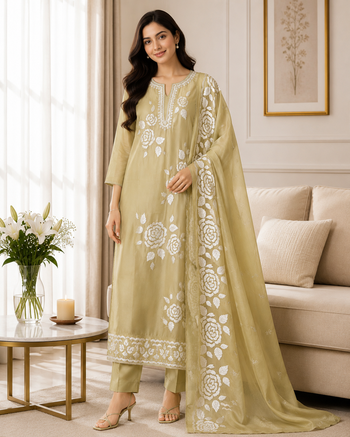 Designer Shimmer Tissue Suit with 3D Gotta Work for Festive Wear