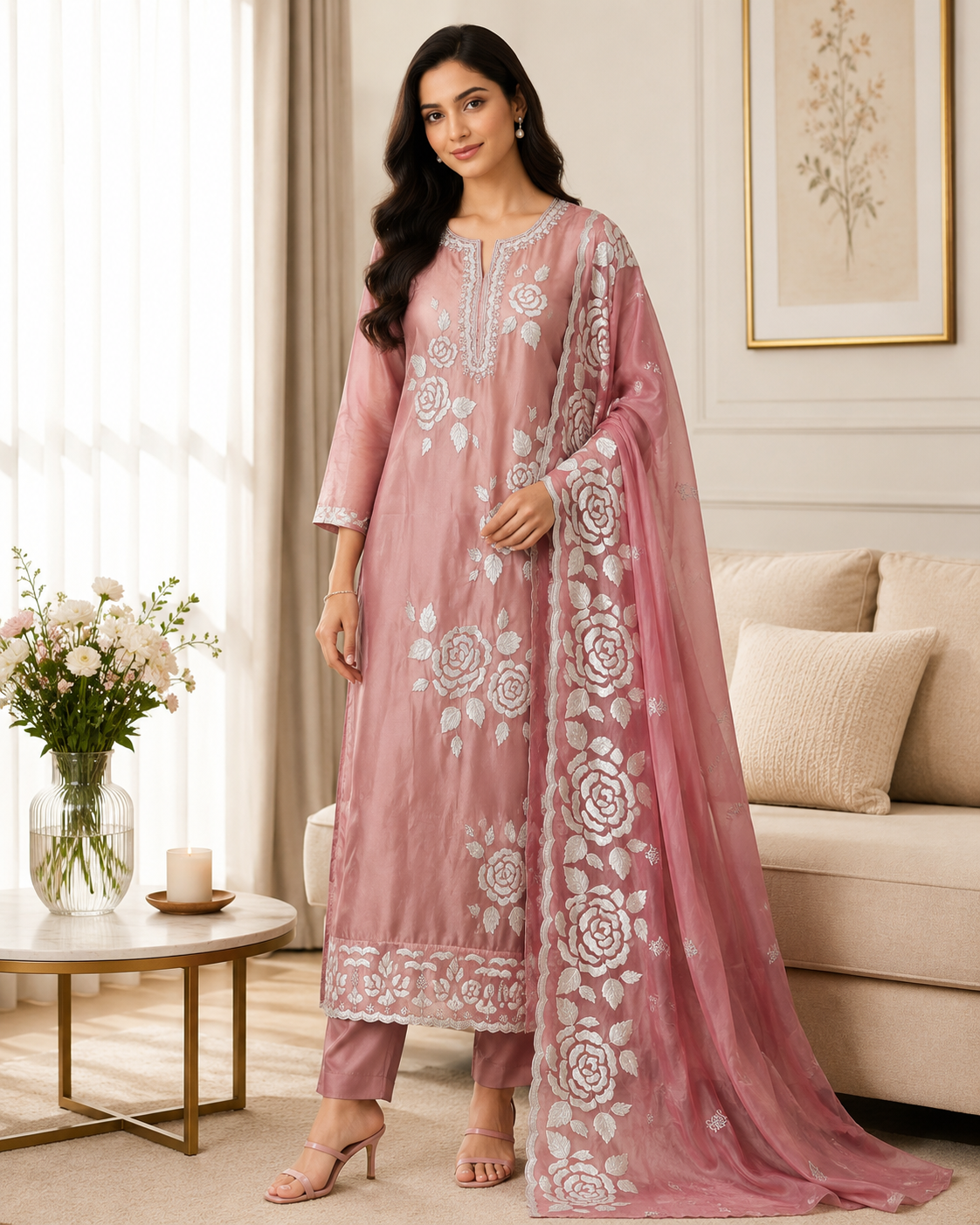 Designer Shimmer Tissue Suit with 3D Gotta Work for Festive Wear