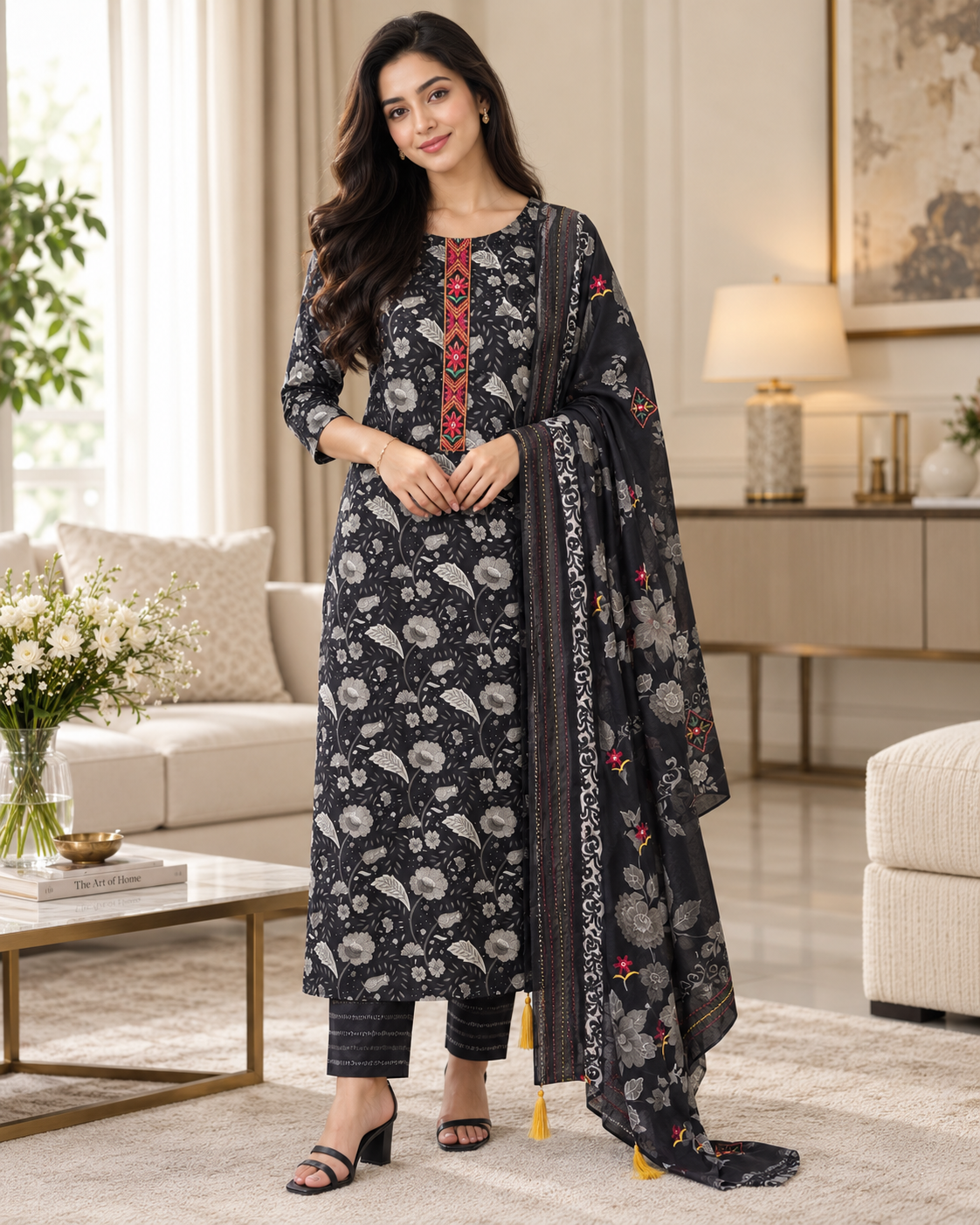Cotton Printed Unstitched Suit Set with Kantha Work & Embroidered Dupatta