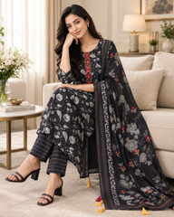 Cotton Printed Unstitched Suit Set with Kantha Work & Embroidered Dupatta