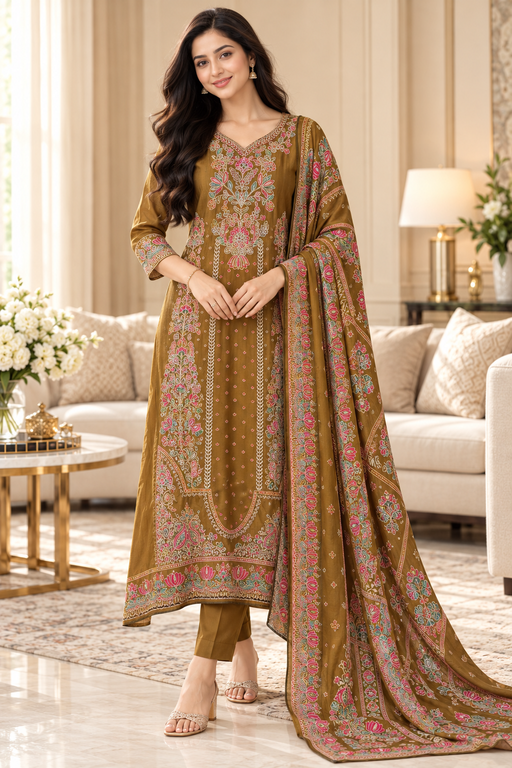 SD1241-Crepe Unstitched Suit Set with Overall Zari Highlighting and  Chinnon Digital Print Dupatta