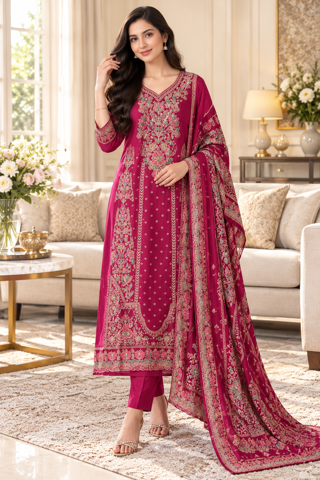 SD1241-Crepe Unstitched Suit Set with Overall Zari Highlighting and  Chinnon Digital Print Dupatta